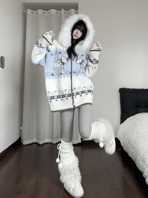 咖喱人费尔岛小狗毛领连帽针织开衫女秋冬新款宽松慵懒风毛衣外套