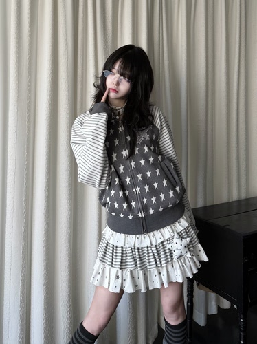 咖喱人轻亚感星星条纹拼接连帽卫衣女美式Y2K设计感拉链外套宽松