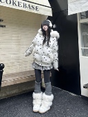 咖喱人原创复古满印星星猫耳棉服毛领可拆卸冬季 保暖加厚宽松外套