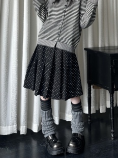 咖喱人春季新款日系复古波点百褶裙女高腰显瘦A字半身裙学院风