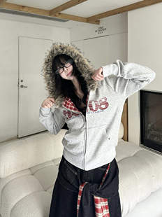 咖喱人秋季美式复古字母印花毛领连帽格子卫衣宽松开衫短外套休闲