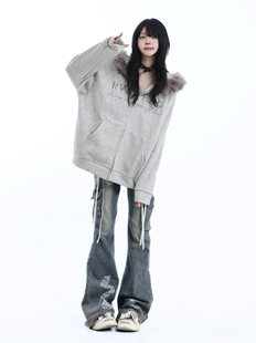 咖喱人美式复古毛领连帽卫衣外套女秋季设计感宽松拉链开衫百搭