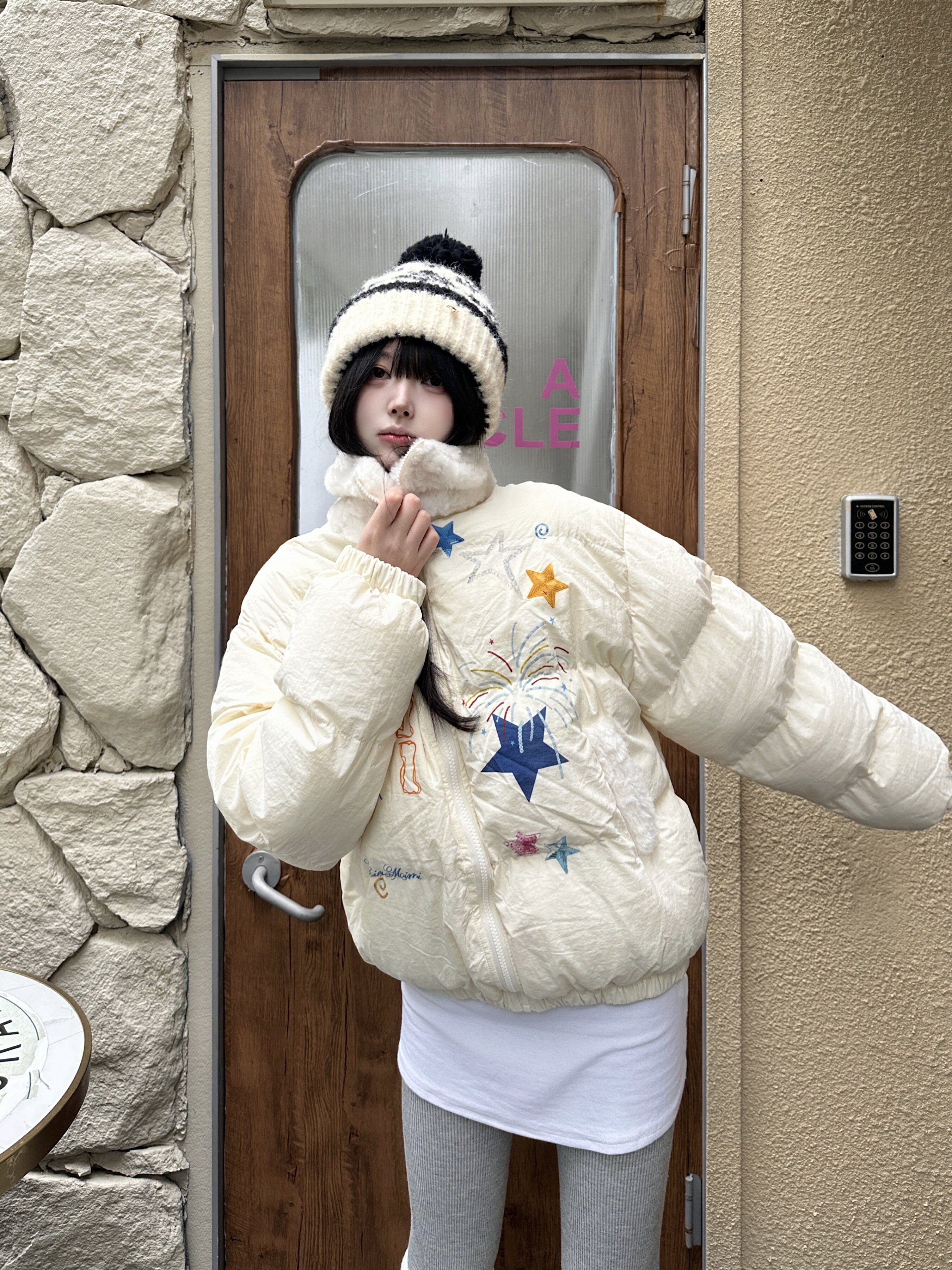 咖喱人原创趣味星星印花立领棉服女2025冬季百搭加厚外套棉服夹克