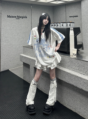 咖喱人美式复古二次元球衣短袖男女运动V领Y2K千禧辣妹半袖T恤夏