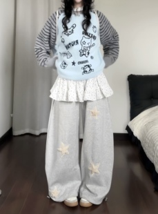 A字型短裙子叠穿搭配 咖喱人白色五角星抽褶绑带屁帘短款