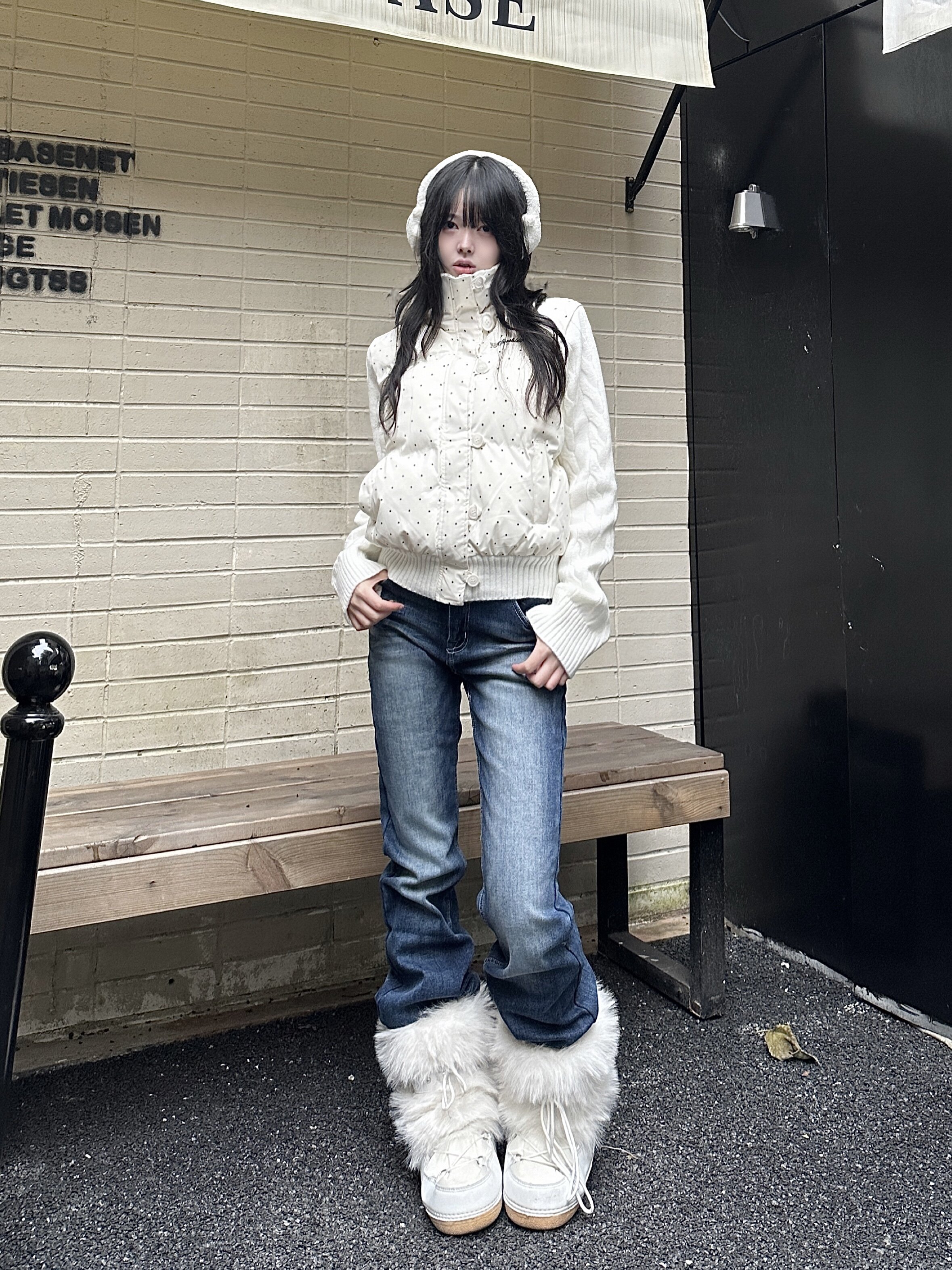 咖喱人韩系波点针织拼接立领棉服女冬季新款加厚保暖面包服外套