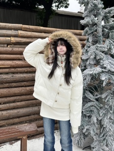 咖喱人冬季新款美式复古格子毛领连帽棉服女加厚保暖面包服短外套