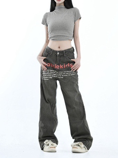 咖喱人秋新款美式复古字母牛仔裤男女宽松休闲直筒阔腿拖地长裤子