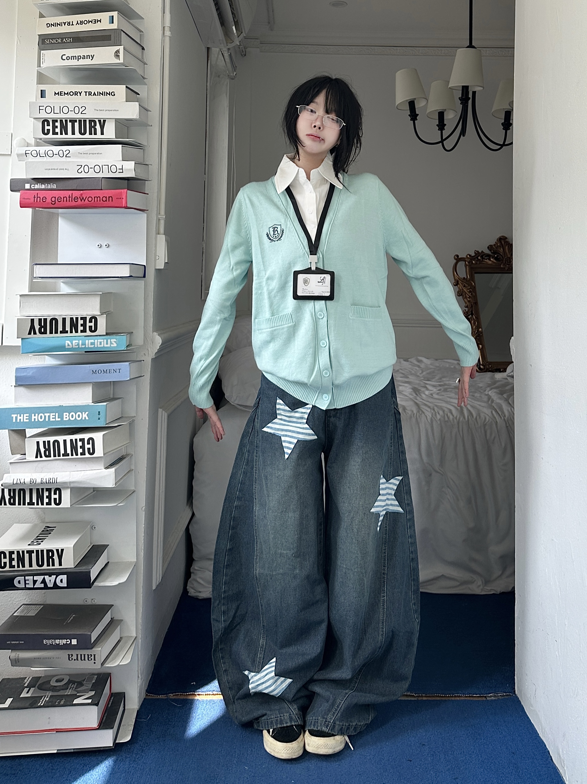 咖喱人复古条纹衬衣假两件polo领毛衣男女休闲学院风刺绣针织开衫