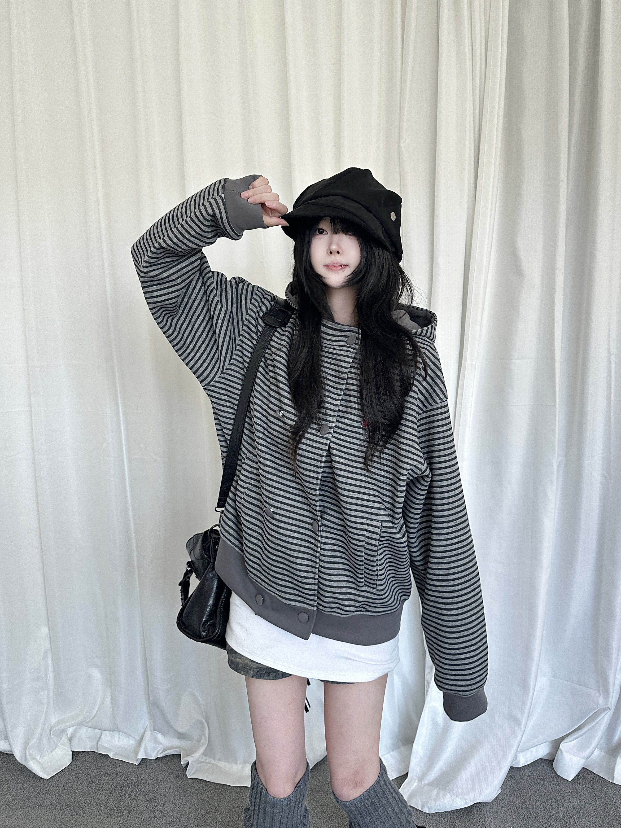 咖喱人双排扣条纹外套连帽女爱心刺绣休闲宽松开衫秋季百搭上衣