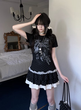 咖喱人韩系少女波点荷叶边下摆短袖T恤女夏季亚萌修身显瘦上衣