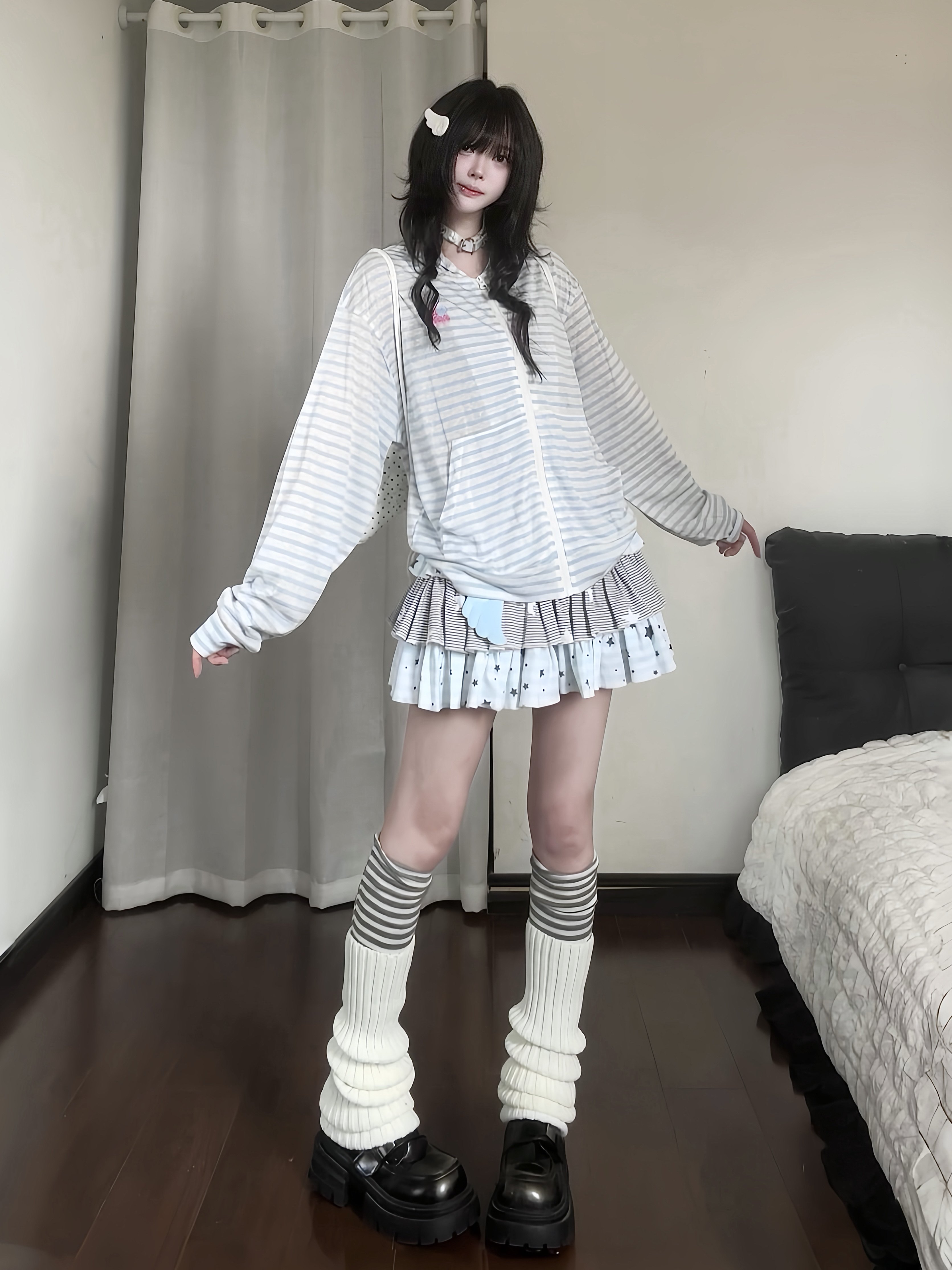 咖喱人可爱清新条纹连帽长袖开衫女秋季慵懒减龄薄款防晒外套图片