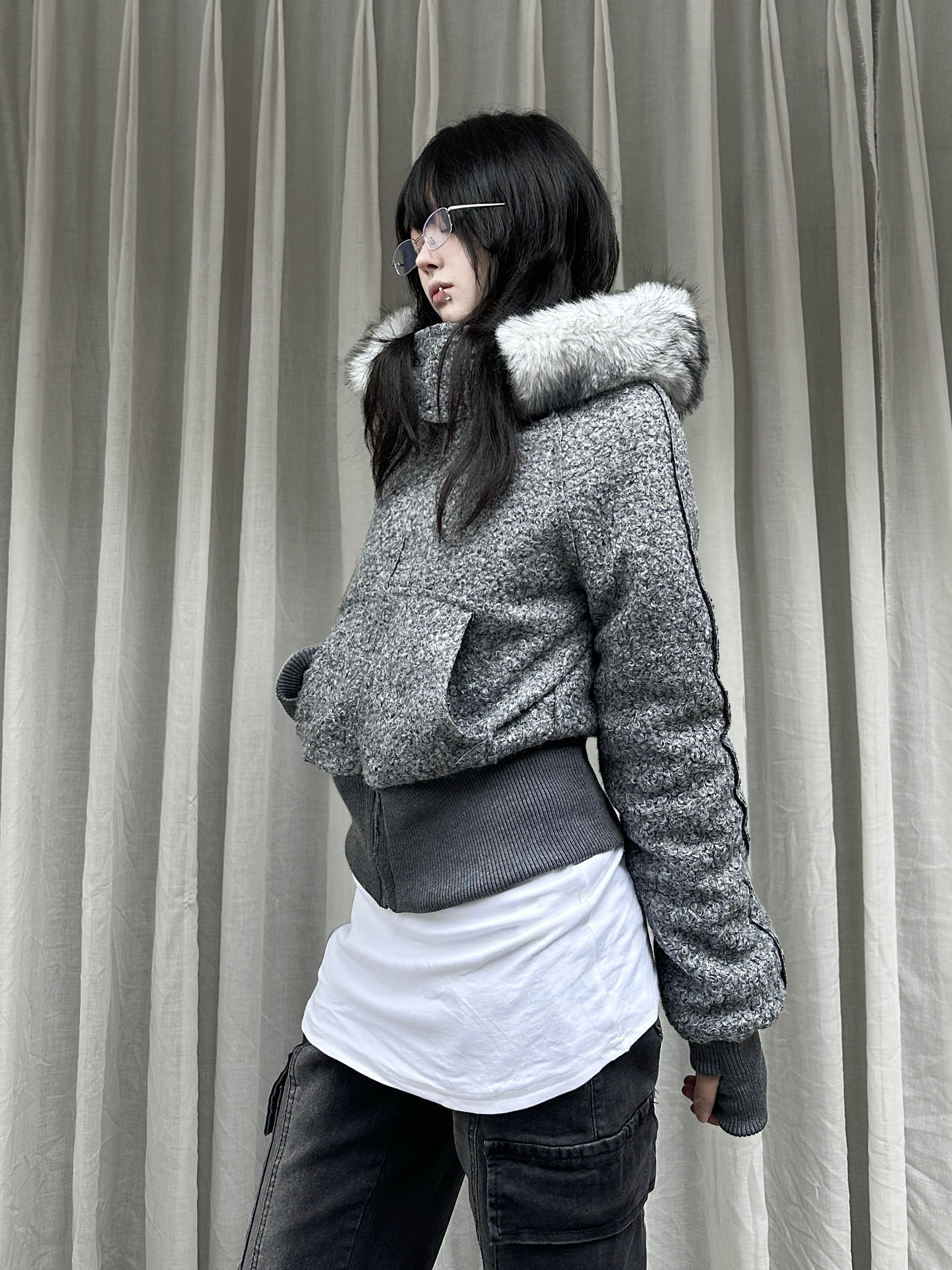 咖喱人冬季美式复古可拆卸毛领连帽卫衣外套女加厚保暖修身短外套