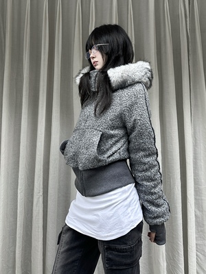咖喱人冬季美式复古可拆卸毛领连帽卫衣外套女加厚保暖修身短外套
