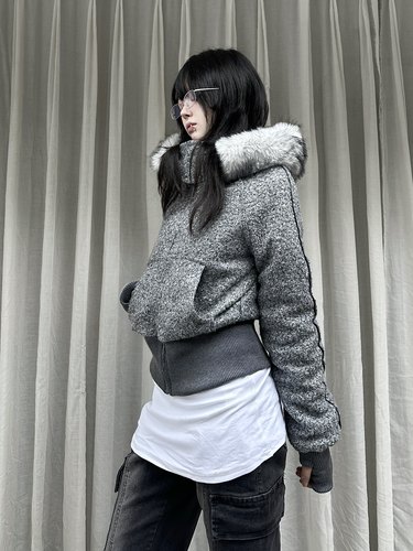 咖喱人冬季美式复古可拆卸毛领连帽卫衣外套女加厚保暖修身短外套