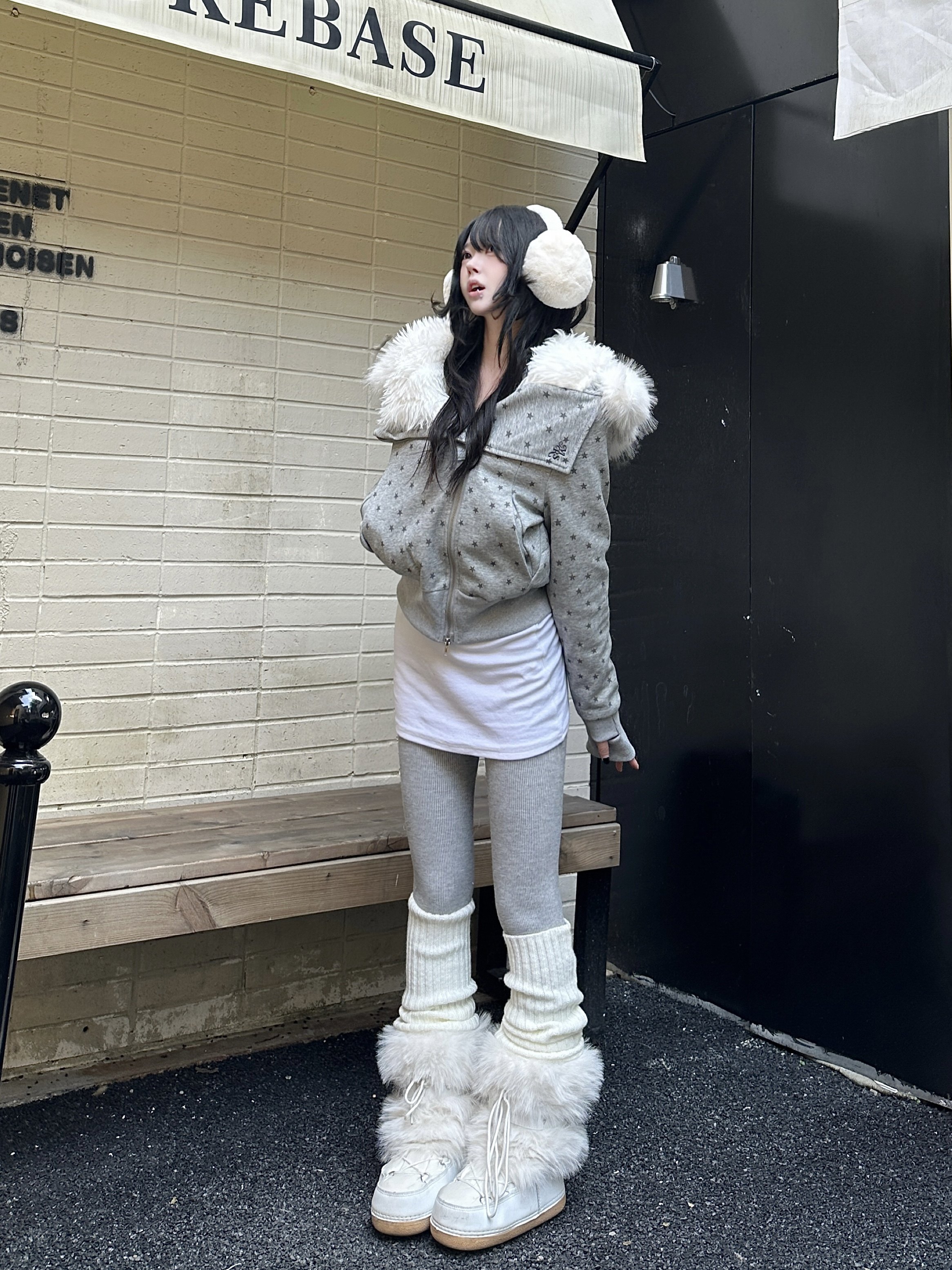 咖喱人冬季加厚美式复古星星毛领连帽加厚棉服高领短款保暖外套