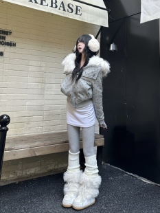 咖喱人冬季加厚美式复古星星毛领连帽加厚棉服高领短款保暖外套