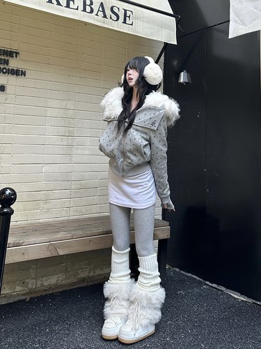 咖喱人冬季加厚美式复古星星毛领连帽加厚棉服高领短款保暖外套