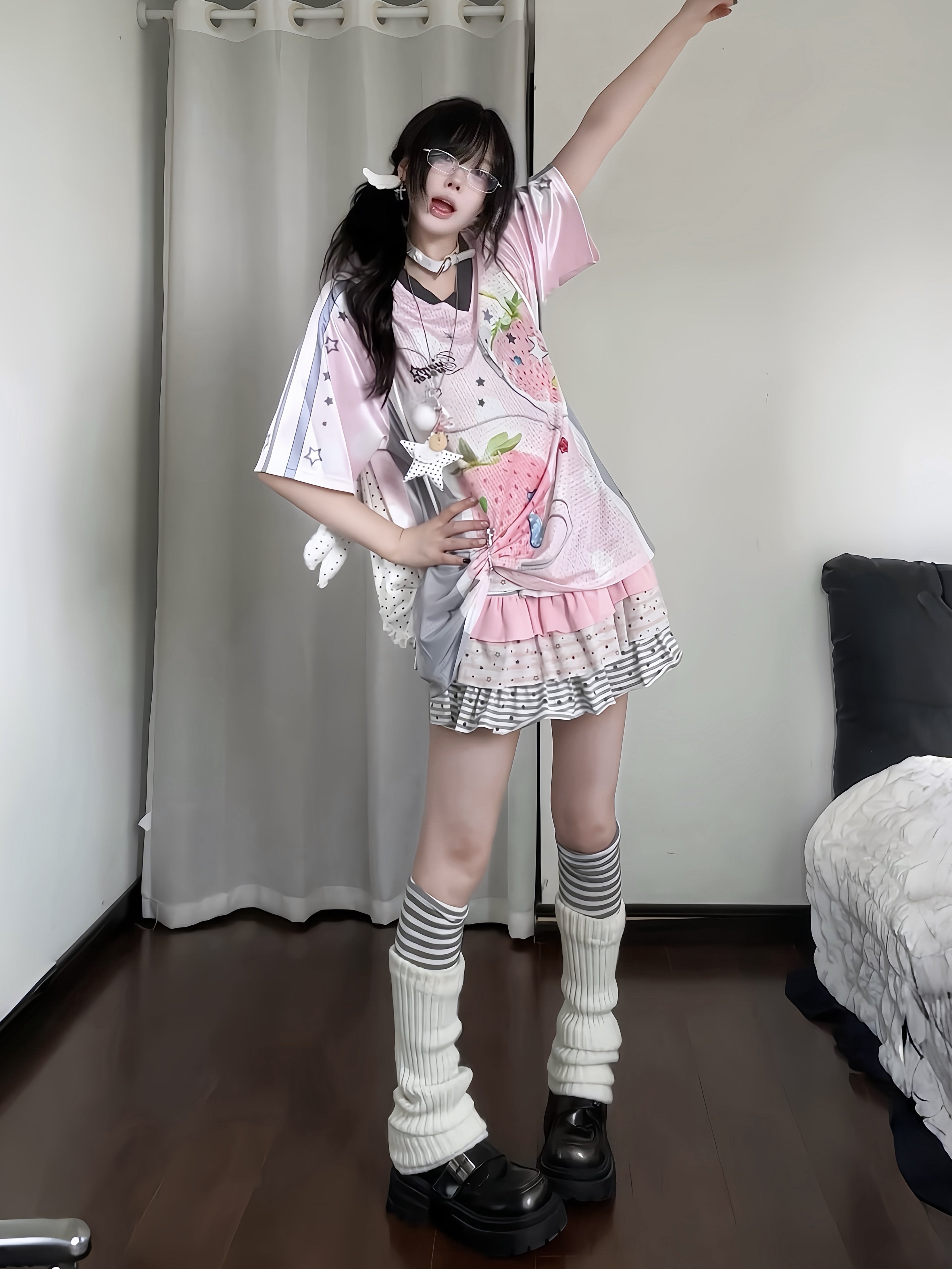 咖喱人 甜美星星条纹蛋糕半身裙女夏季新款显瘦蕾丝边蓬蓬裙子
