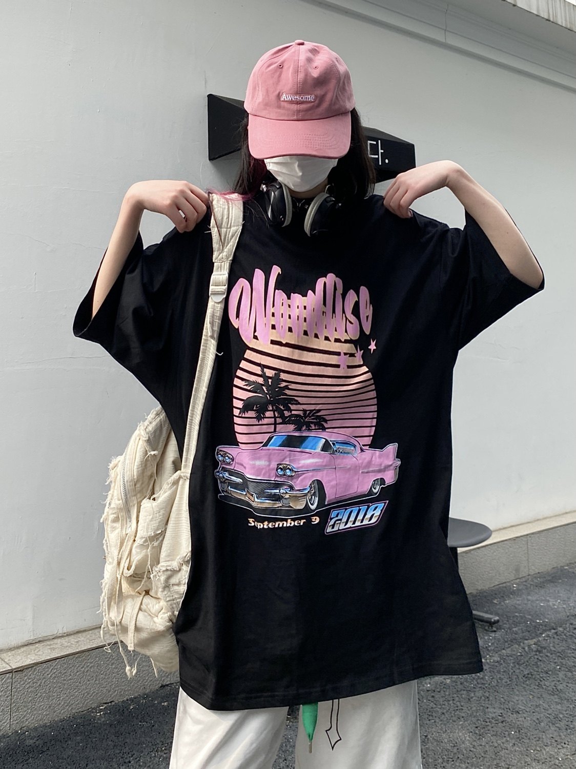 takeoff咖喱人夏季新款粉色赛车蒸汽波t恤潮字母情侣宽松短袖休