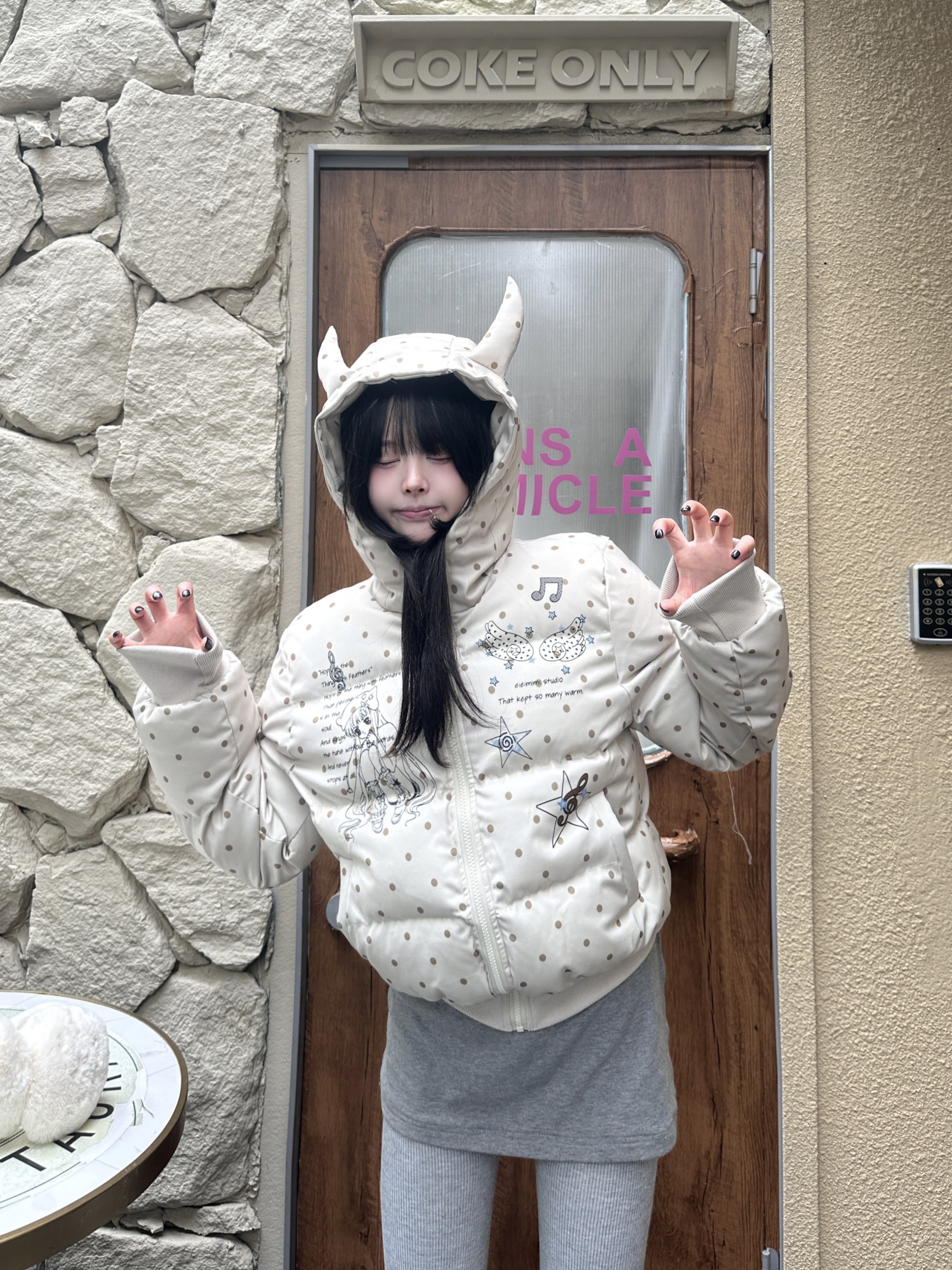 咖喱人复古韩系波点恶魔角连帽棉服女冬季新款百搭宽松可爱外套潮