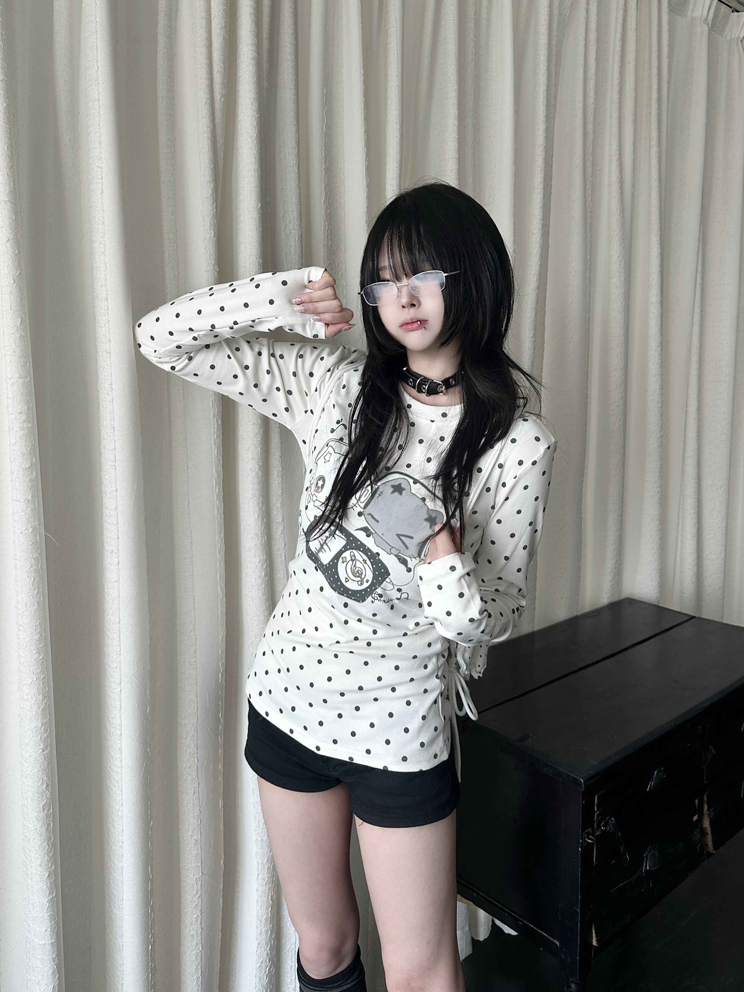 咖喱人春季新款少女波点亚萌卡通印花长袖T恤女修身显瘦打底圆领