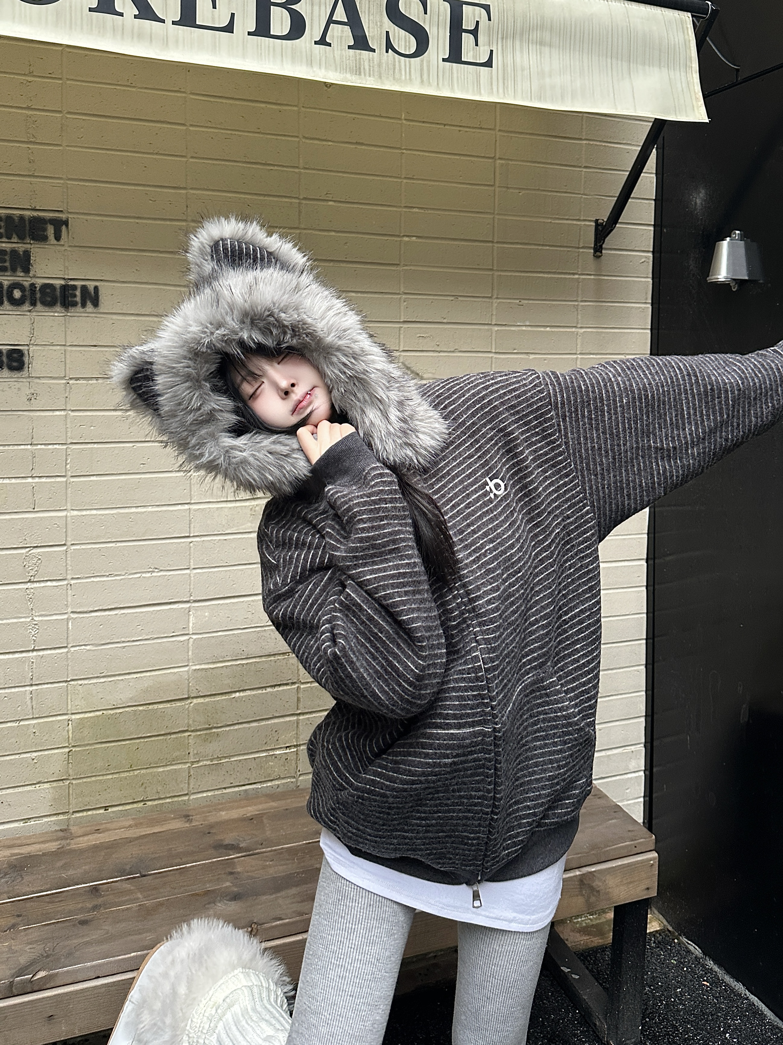 咖喱人原创秋冬可拆卸毛领带耳朵条纹连帽外套美式复古加厚宽松