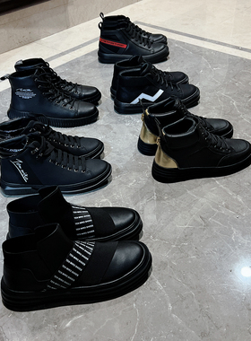 多款！柜价1000+ T家男装黑色高帮休闲鞋男士黑色皮靴仿真皮皮鞋