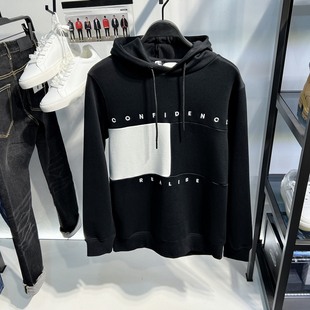 男士 高克重 冬装 加厚连帽卫衣 黑白撞色刺绣套头休闲上衣 G家男装
