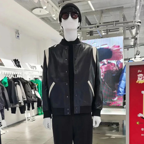 【鸟】剪标男装棒球领真皮皮衣男黑白拼色绵羊皮茄克情侣外套4F05