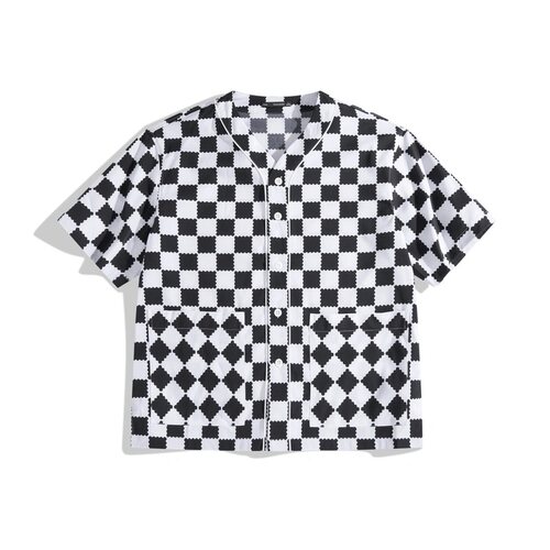 夏季男士棋盘格V领速干短袖衬衫