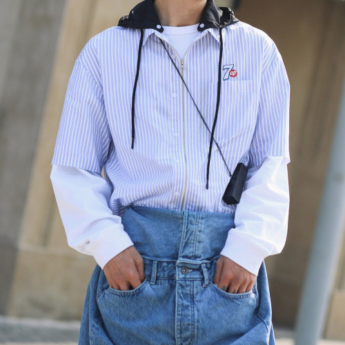 高逼格！g家男装 竖条纹衬衫夏季休闲宽松男百搭可拆连帽短袖衬衣