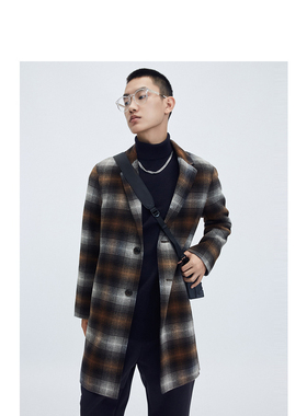 柜2099[G]通勤男装千鸟格羊毛千鸟格大衣男单排扣双面呢外套6001K