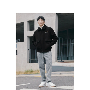 大衣男秋冬宽松休闲通勤工装 黑色翻领羊毛呢短款 男装 外套6005I