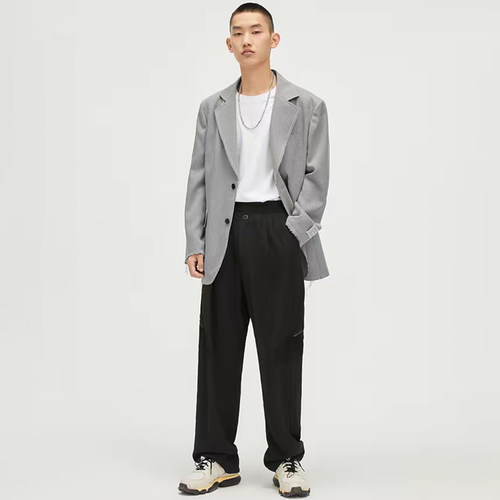 时尚毛边男士千鸟格宽松西服外套
