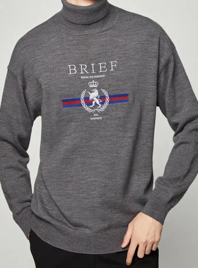 [G]通勤男装高领羊毛衫男秋冬新款潮流卡通狮子刺绣套头毛衣0387E