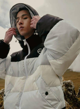 柜1699【G】男装拼色连帽短款羽绒服男女同款宽松白鸭绒外套1052I