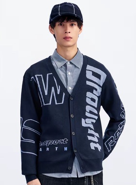 柜799[G]男装撞色提花羊毛开衫2025秋冬新款休闲宽松V领毛衣0520L