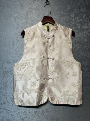 粉艳蝶舞新中式轻国风提花织锦缎马甲上衣女文艺气质真丝缎马夹