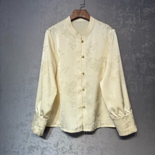 女 国风真丝提花花萝百搭盘扣上衣温柔显瘦白色衬衫 新中式 早秋新款