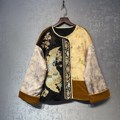 新中式国风盘扣圆领斜襟棉服女2025冬季新款宋锦提花拼接丝绒外套