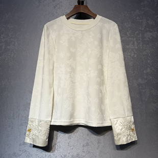 针织提花袖 月下 口刺绣牡丹花打底百搭年轻内搭纯色 国风 新中式