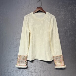 冬季 女2025新款 高级感气质貂毛上衣 国风提花加绒加厚打底衫 新中式