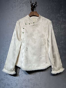 2024秋冬款新中式中国风加绒加厚立领盘扣百花凤蝶提花打底上衣女