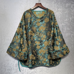 秋季新中式长袖加厚雕花上衣女太太服中国风复古精致缎面系带小衫