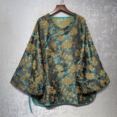秋季新中式长袖加厚雕花上衣女太太服中国风复古精致缎面系带小衫