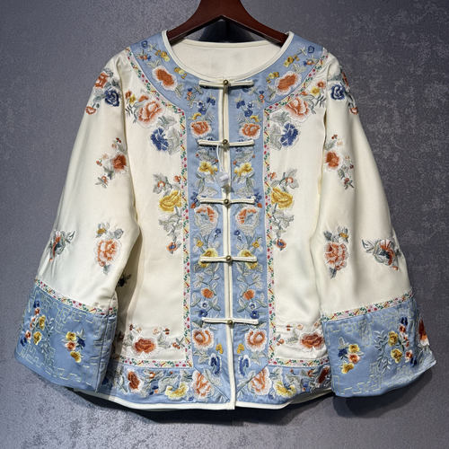 新中式重工刺绣唐装汉服女款复古贵气长袖国风盘扣旗袍开衫小上衣