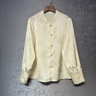 新中式早秋新款国风真丝提花花萝百搭盘扣上衣温柔显瘦白色衬衫女