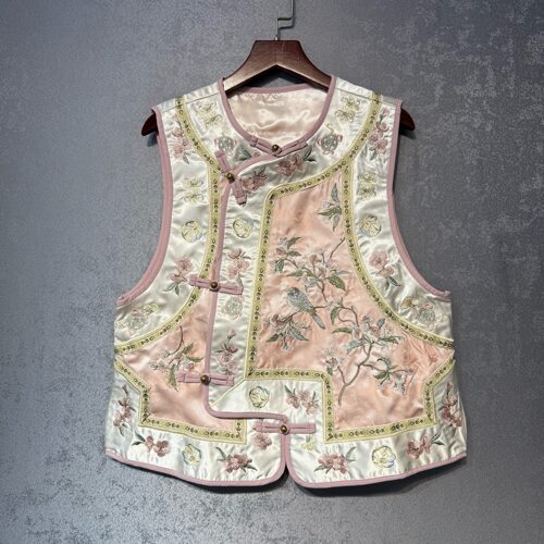 新中式国风折枝花鸟海棠花鸟百搭重工刺绣马甲立领清汉服格格马夹