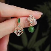 复古中国风耳钉新中式 耳坠 不对称耳环古风高级感优雅绿色耳饰中式